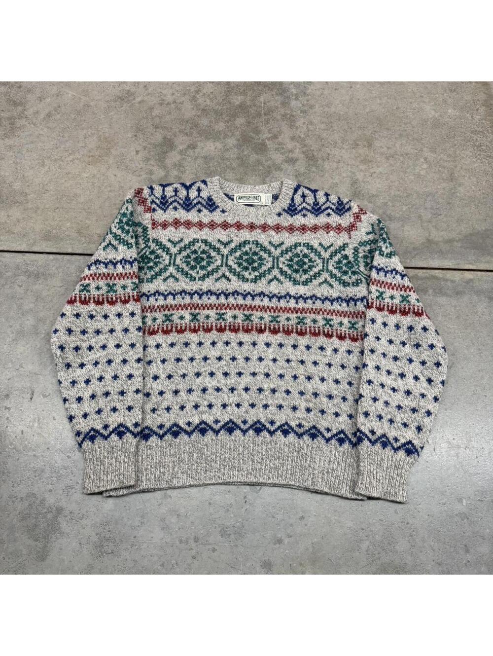 vintage american eagle made in usa grey red blue and green knit sweater large
